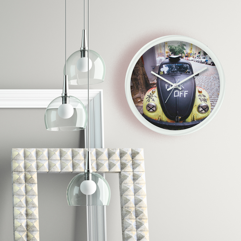 Plastic Wall Clock with Iconic Beetle Car printed on it.