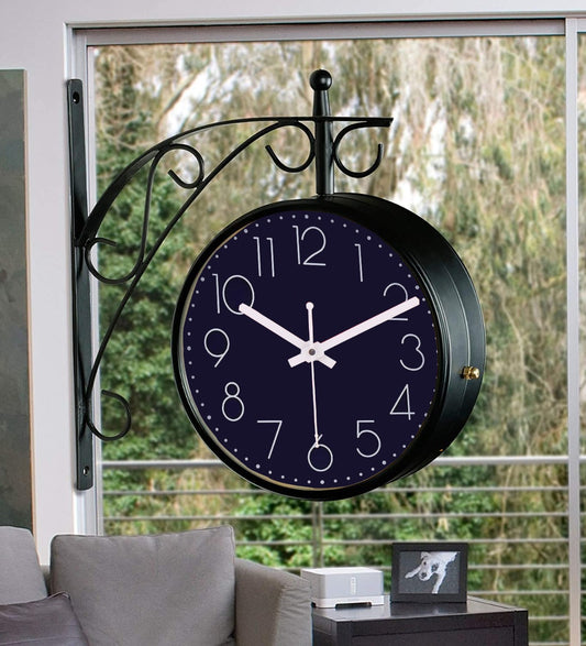 Double Sided Station Clock with Dark Blue dial