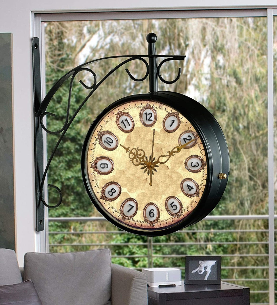 Modern Printed Double Sided Station Clock with golen numbers