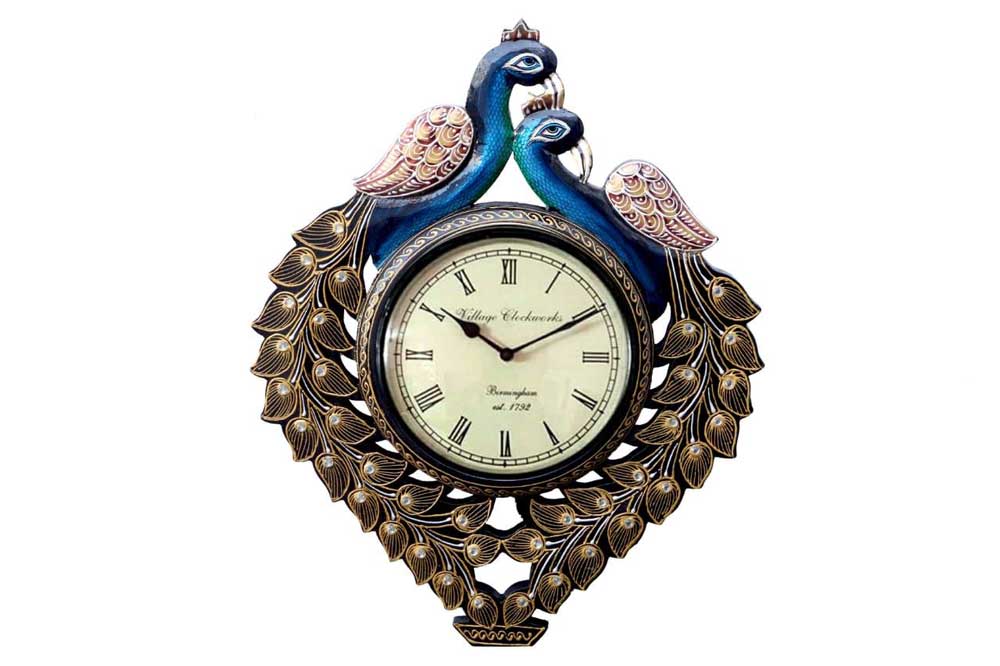 Twin Peacock Jaipuri art handcrafted Wall Clock, 12 x 16 inch